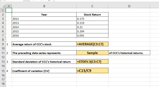 Year 3 2012 2013 2014 2015 Stock Return 0.175 0.119 0.21 0.294 0.091 5 7 12016 Average return of CCCs stock =AVERAGE(C3:07)