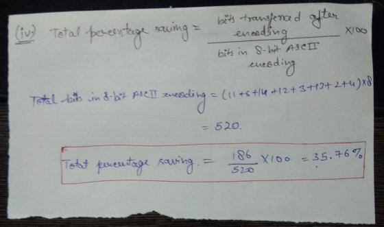 (iv) Total percentage saving = X100 bett transferred after eneeding bits in 8-bit ASCO encoding Total bits ind-bit AICI zread