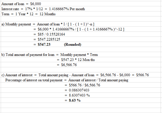 Amount of loan $6,000 Interest rate 17% * 1/12 = 1.4166667% Per month Term = 1 Year * 12 = 12 Months a) Monthly payment = Amo