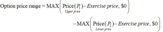 Option price range = MAX Price(P1)- Exercise price, $0 Upper price -MAX Price(P)- Exercise price, $0 Lower price