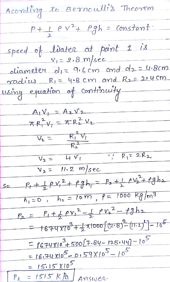 Acoxdlbag te Berncudlis Thcorem speed o Lalen at pint i is に2.8 mlsec. using equation of Continu ゾ 2 !000 2. 3 67