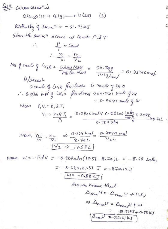 Sovy Cuiven ellachis 26u2015) +ą (9)— Uluo () Enthalpy of recen=-51.73 kJ Since the lecach occurs at consta PST. ii - Conske