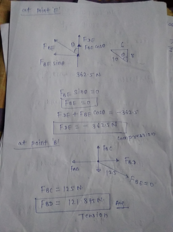 al point t og C FBE FBE COSO 10 FBE sine 362.5 N Fre sino = 0 F DET FBE Coso = -362.5 FDE = - 362.5N at point Bl compression