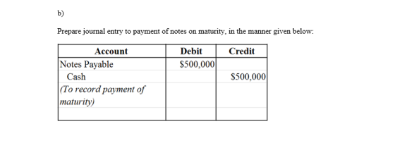 Prepare journal entry to payment of notes on maturity, in the manner given below: Credit Debit $500,000 Account Notes Payable