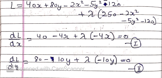 L = 40x + Soy - 2x?-5y? 20 + 2 (250-200² - 54²_120) dL 40 – 496 +2 (-42) = 0 da ti dL 80- loy + 2 Gloy) cu danned with CamSca