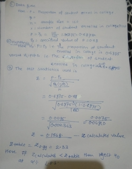 Data given pa @ Hypothesis Here .p= Proportion of student enroll in college. sample size = 160 x = Number of student enrolled