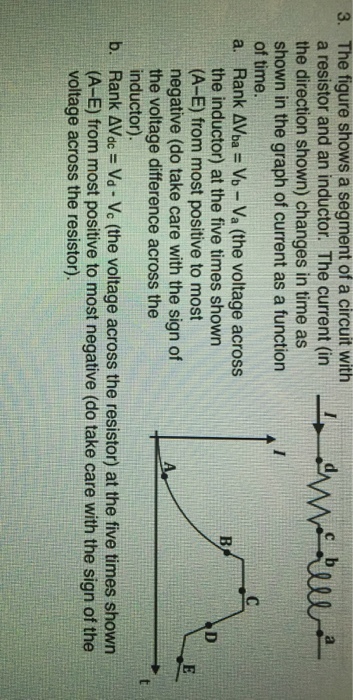 The figure shows a segment of a circuit with a resistor and an inductor. The current (in the direction shown) changes in time as shown in the graph of current as a function 8 3. of time a. Rank AVba -Vb-Va (the voltage across the inductor) at the five times shown (A-E) from most positive to most negative (do take care with the sign of the voltage difference across the inductor). Rank (A-E) from most positive to most negative (do take care with the sign of the voltage across the resistor). b. AVoc Va- Vc (the voltage across the resistor) at the five times shown