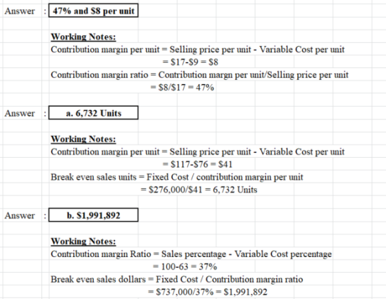 Answer: 47% and S8 per unit Working Notes: Contribution margin per unit = Selling price per unit - Variable Cost per unit = $
