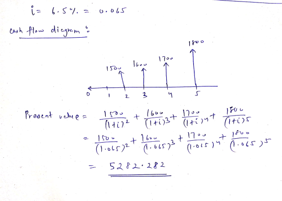 0.0065 i= 6.5% = cash flow diagrama Iguo . 1700 This. foo Present value = 1800 + 1600 1 700 int Altin2 Tiril Triin! - 1500 +