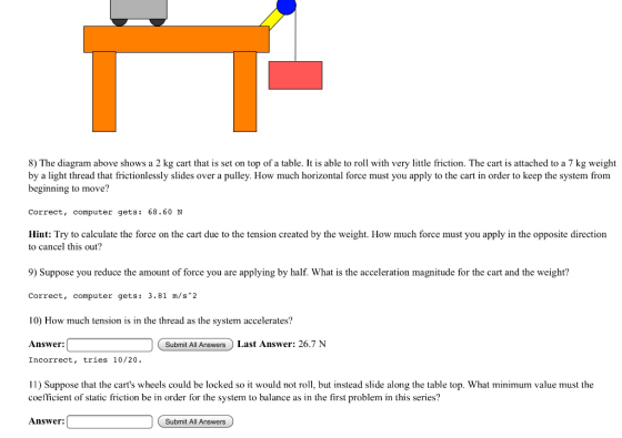 8) The diagram above shows a 2 kg cart that is set on top of a table. It is able to roll with very little friction. The cart