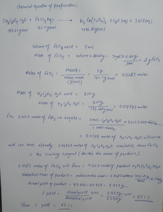 Chemical equation of preparation, 3 kg COy. It go + fellz (kq) - 184.2291mol 162.2 g/mol kz fel CaOu)z. 3 H₂O (49) + 3 kcl (a