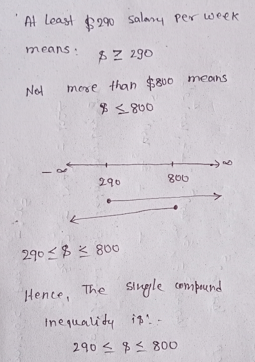 At least $290 salary per week means $ 290 Net more than $800 means % < 860 8 - 290 800 290 $ 800 Hence, The single compound I