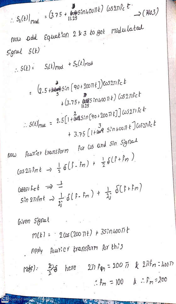 Sa(t) mod ; 11.25 (3.75 + winLouit) Cos 271fct -> (1293) now add Equation 2&3 to get modulated Signat 5lt) - S(t): 5,(1) mod