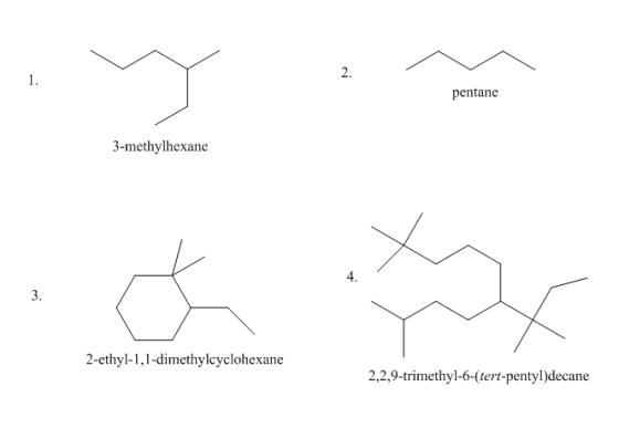 2. pentane 3-methylhexane 4. 3. 2-ethyl-1,1-dimethylcyclohexane 2,2,9-trimethyl-6-(tert-pentyl)decane