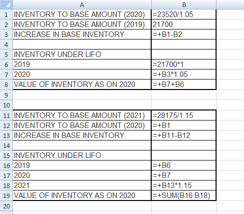 1 INVENTORY TO BASE AMOUNT (2020) 1=23520/1.05 2 INVENTORY TO BASE AMOUNT (2019) 21700 3 INCREASE IN BASE INVENTORY =+B1-B2 4
