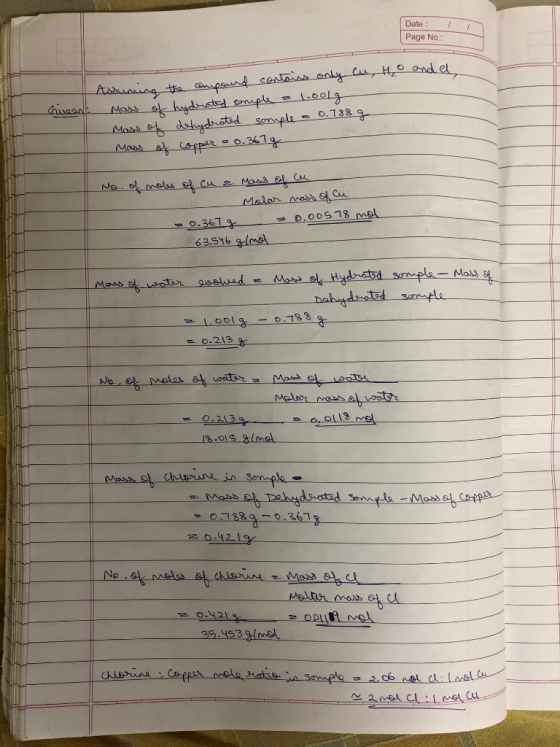 Date: Page No.: Assuming the compound contains only eu, Ho and el Mass of hydrated souple a 1.oolg Mass of dehydrated somple