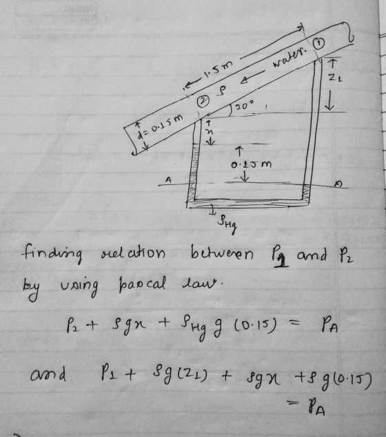 т е | Sm 21 4 water. O | ) зоо d= 0.15m n , T о: 15 м) A Sky betweren Pq and P2 finding relation by using pascal law. Р. + Рg
