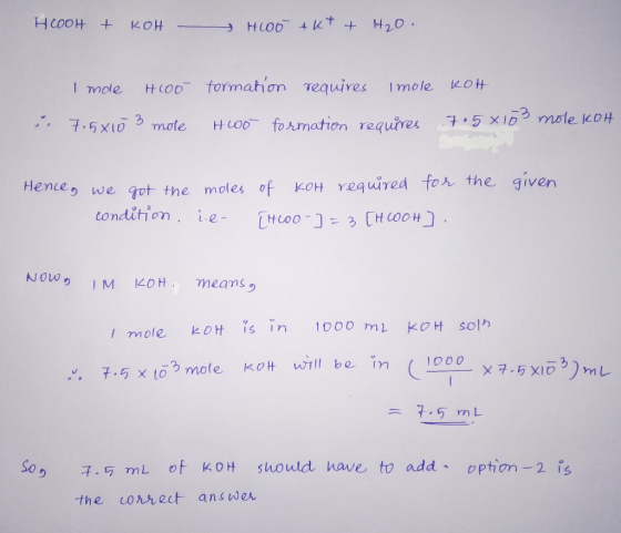 HCOOH + KOH - Ho0 AKT & H₂O. Imole Hoo formation requires Imole kot Hoo formation requires 705x103 mole koh . 7.5x10 3 mole t