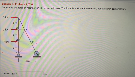Chapter 4, Problem 4/031 Determine the force in member BE of the loaded truss. The force is positive if in tension, negative