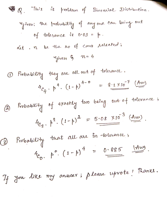 This Q is problem of Binomial Distribution one can being out Given; the probability of any of tolerance is 0:03 = þ. Let n be