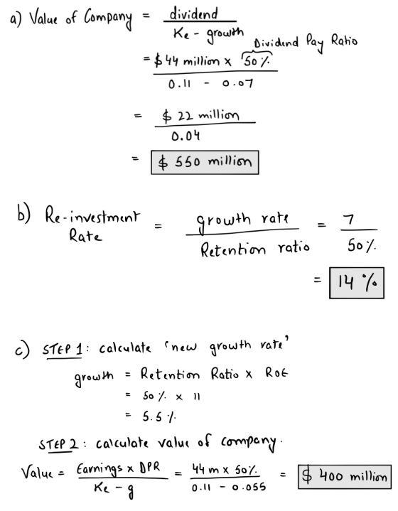 a) Value of Company = dividend - Ke- growth Dividend pay Ratio = $44 million x 50 % 0.11 - 0.07 = $ 22 million 0.04 | $550 mi