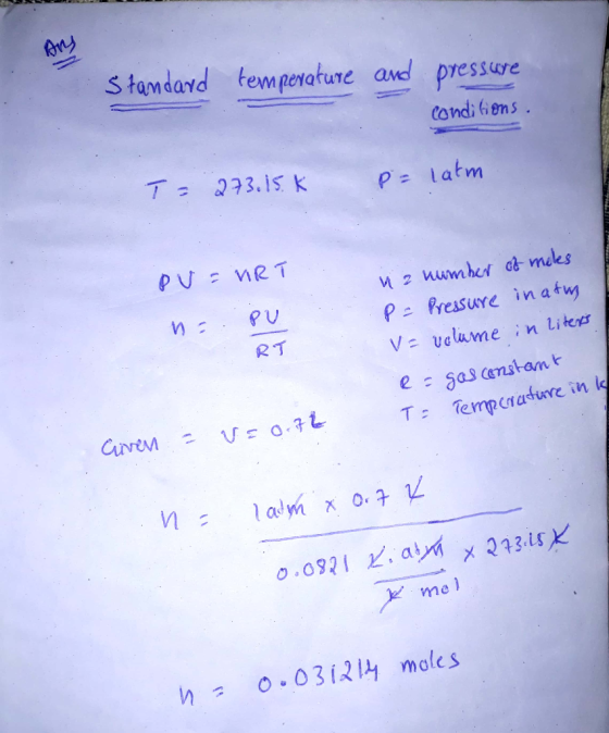 Standard temperature and pressure conditions . T= 273.15.k p=latm pu= MRT 0: Ρυ LARI n a number of moles P= Pressure inatwa V