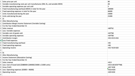 28 184000 46000 23000 21000 2 Sales price per unit 3 Variable manufacturing costs per unit manufactures (DM, DL, and variable