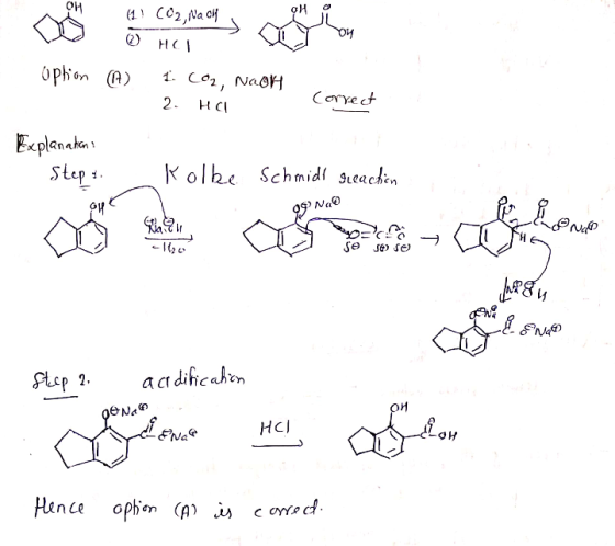 (1) CO2, Nach HOT option (A) 1. Co2, NaOH 2. HCL , Correct Explanation Step Kolke Schmidt geaction Y Se so se 84 - Step 2.