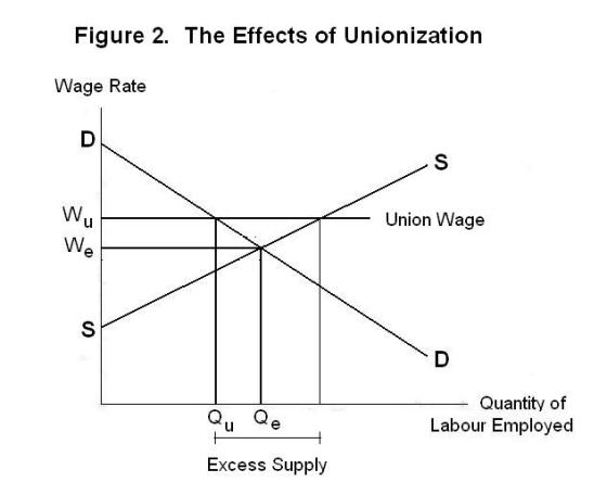 Figure 2. The Effects of Unionization Wage Rate S Union Wage Qu Qe Quantity of Labour Employed Excess Supply