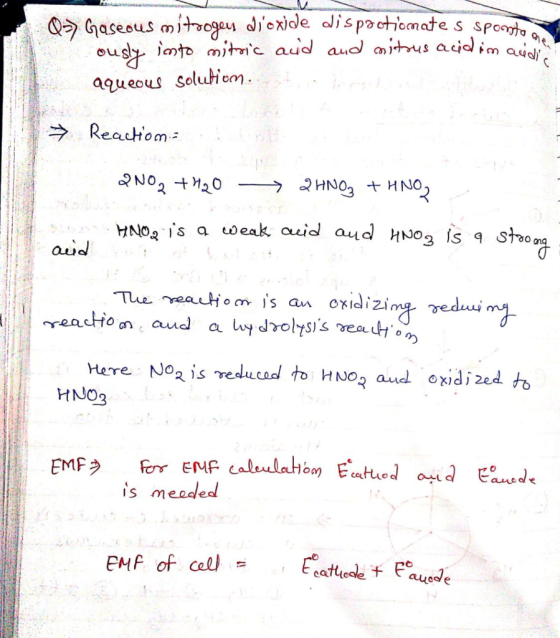 Q> Gaseous mitoogen dioxide dispactiomate s sporta ously into mitric and and mitsus acidim and aqueous solution to remind → R