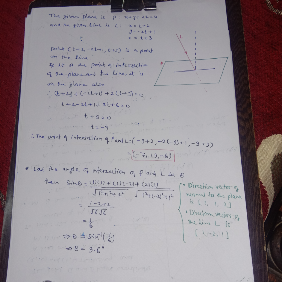 The given plane is P: M47+ 2220 and ma given Line is L: poiut Ct+2, -2t+1, t+3) is a paint n the lihe it is ae Perst intergec