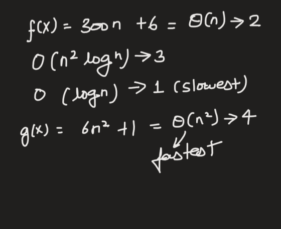 f(x) = 300n +6 = O(n)>2 0 (n2 logh)>3 o (login) => 1 (slowest) 0 (02) 4 672 +1= g(x) - V fastest
