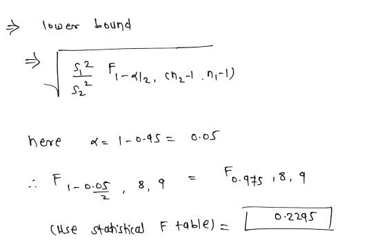 > lower bound 오 F Fi-dla, chei.nirl) 2 Sa here da 1-0.95 = 0.05 .. F 0.975 1 18,9 1 -0.05 0.05 8, 9 0.2295 (use statistical F