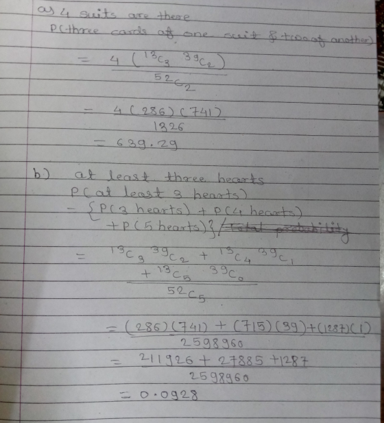 O)4 Suits are theae 5 2 1226 b) atleast tharee heats at least 3 ben arts) earts at her 2 1.3 3 g C. 5 2 286)(341)나(315)(32) t