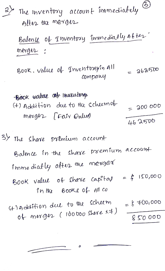 3 مله The inventory account immediately Alter the merger Balence of Inventory imme dicetly Abter merger i = Book. value of I