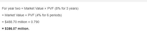 For year two = Market Value x PVF (8% for 3 years) = Market Value x PVF (4% for 6 periods) = $488.70 million x 0.790 = $386.0