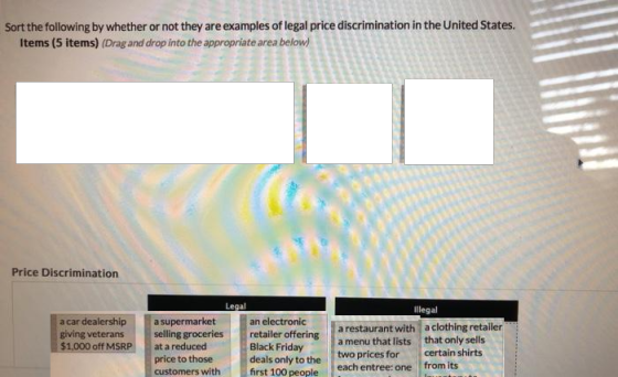 Sort the following by whether or not they are examples of legal price discrimination in the United States. Items (5 items) (D