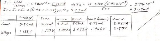 3.79x107- = I = 11000 = 5.9*X10-3 = 5.94 mA 18500vo -) 12 = 10-1300 (5.94 x10-3) I3 = I, + Iz (5-94 +3.79)x10-3- 9.73 mA Goo
