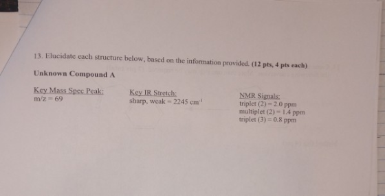 13. Elucidate each structure below, based on the information provided. (12 pts, 4 pts each) Unknown Compound A Key Mass Spec