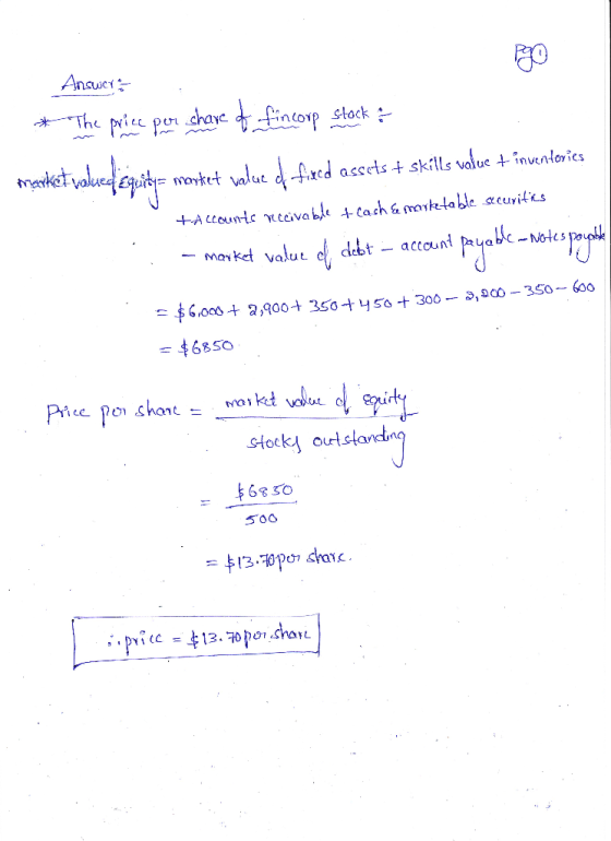 Answer . * The price for share of fincorp stock & Market value Equity= market value o fixed assets + skills value t inventori