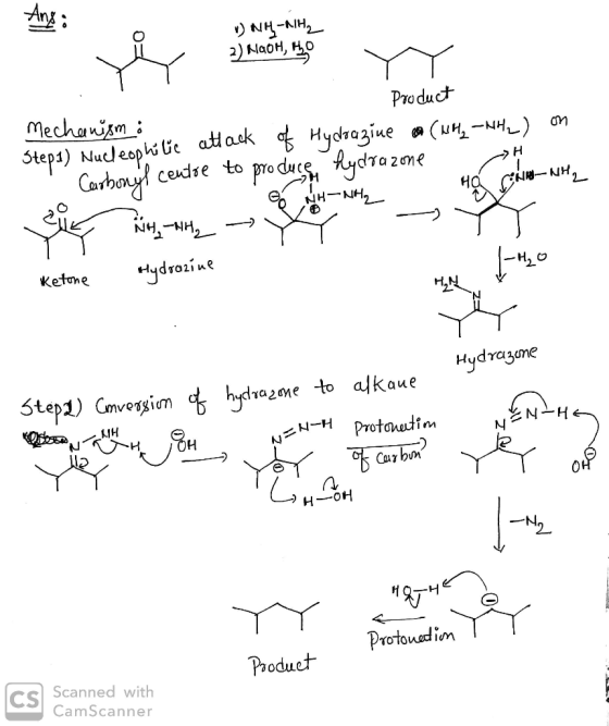 Ang i 1) NH-NH₂ 2) NGOH, ho mechanismi Product Stepi) Nudeophile attack of Hydrazine on (WH2 –MHL) on Carbonyl centre to pr