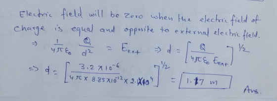 Electric field will be zero when the electric field of charge is equal and opposite to external electric field, - use a = Eex