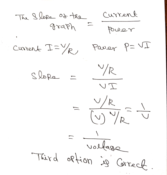 Current The slope of the graph C power Current I=YR Paver P=VI slope /R - u - ur (w) /R ch - vollage Third option is correct