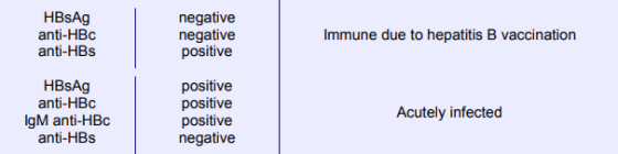 HBsAg anti-HBc anti-HBs negative negative HBsAg anti-HBc positive positive negative Acutely infected IgM anti-HBc anti-HBs