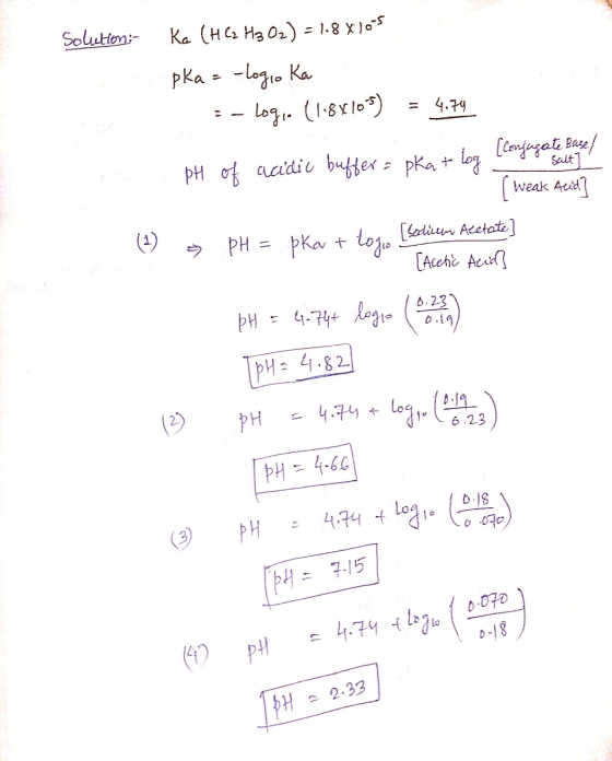 Solution:- Ka (HC2 H₂O2) = 1.8x105 pka = -logio Ka Login (1.881055) 4.74 (conjugate Basel pH of acidic buffer= pka + log Suit
