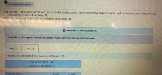 Required information 2-a. Set up T-accounts for the accounts on the trial balance. Enter beginning balances and post the tran