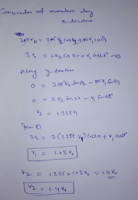 Conservation of momentums along x direction 3 min = am y cosogthy casch 3 = 2Vq Cos 20 +4, 6568° 0 0 blong y direction o= 2mV