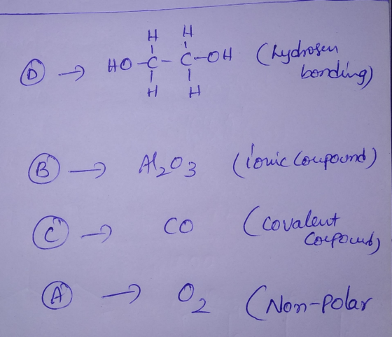 4 H H H 0 - no con content ® AlO3 (conic compound) © co (covalent bound h - O₂ (Non-polar Jalent Colpoud)