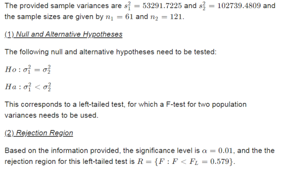 = The provided sample variances are sỉ = 53291.7225 and sź = 102739.4809 and the sample sizes are given by ni = 61 and n2 = 1