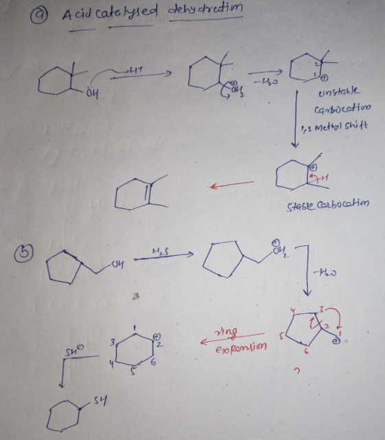 A cid catalysed dehydratim HT a -Ho ои unstable Cambocetim 12. Methyl shift stable Carbocetim H₂S -COM ring 3 2 SHO expension
